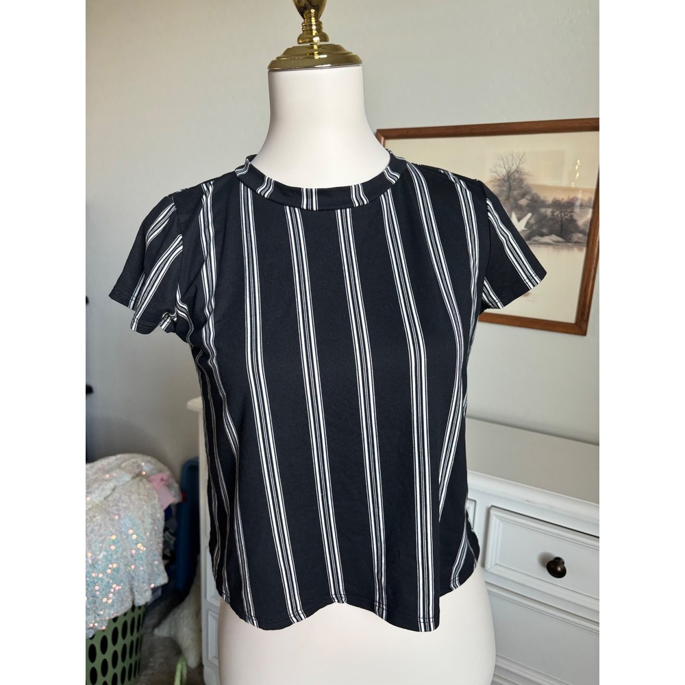 Striped Crop Top Black White Vertical Stripe Short Sleeve Crew Neck Tee Shirt
